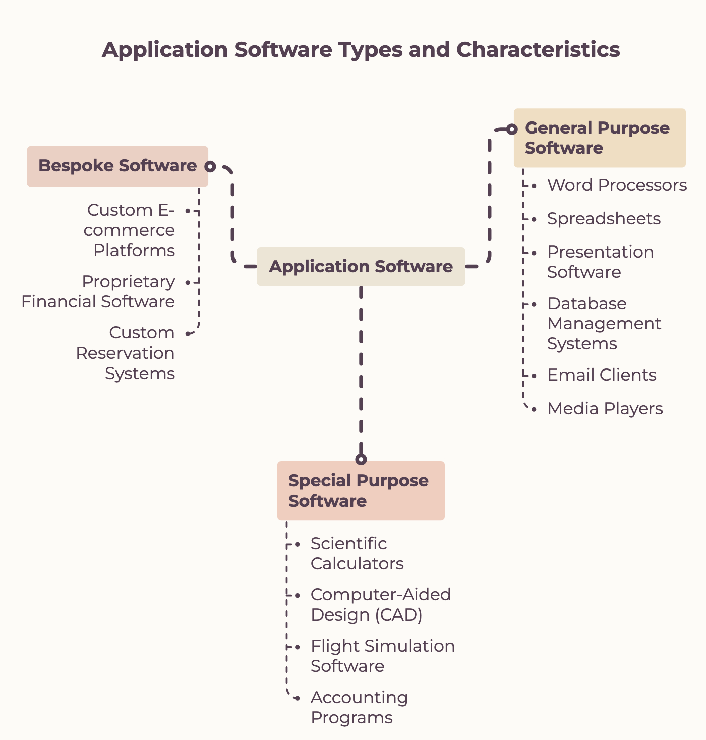Tree diagram showing Application Software splitting into Bespoke, Special Purpose, and General Purpose software with examples.