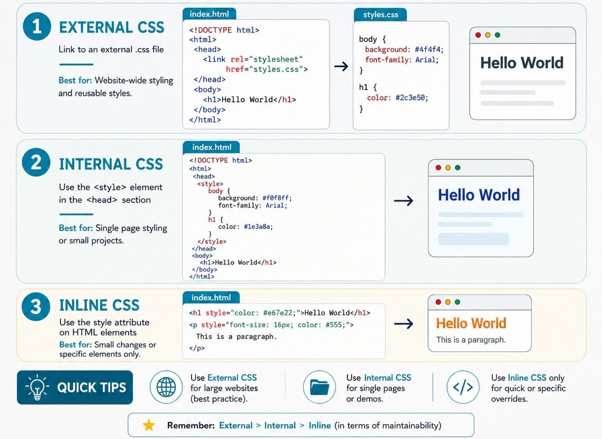 Browser output showing the combined result of inline, internal, and external CSS