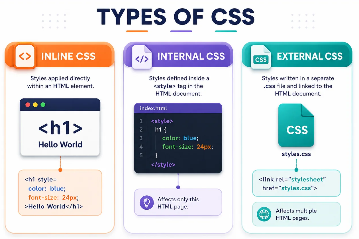Diagram showing Inline, Internal, and External CSS connections