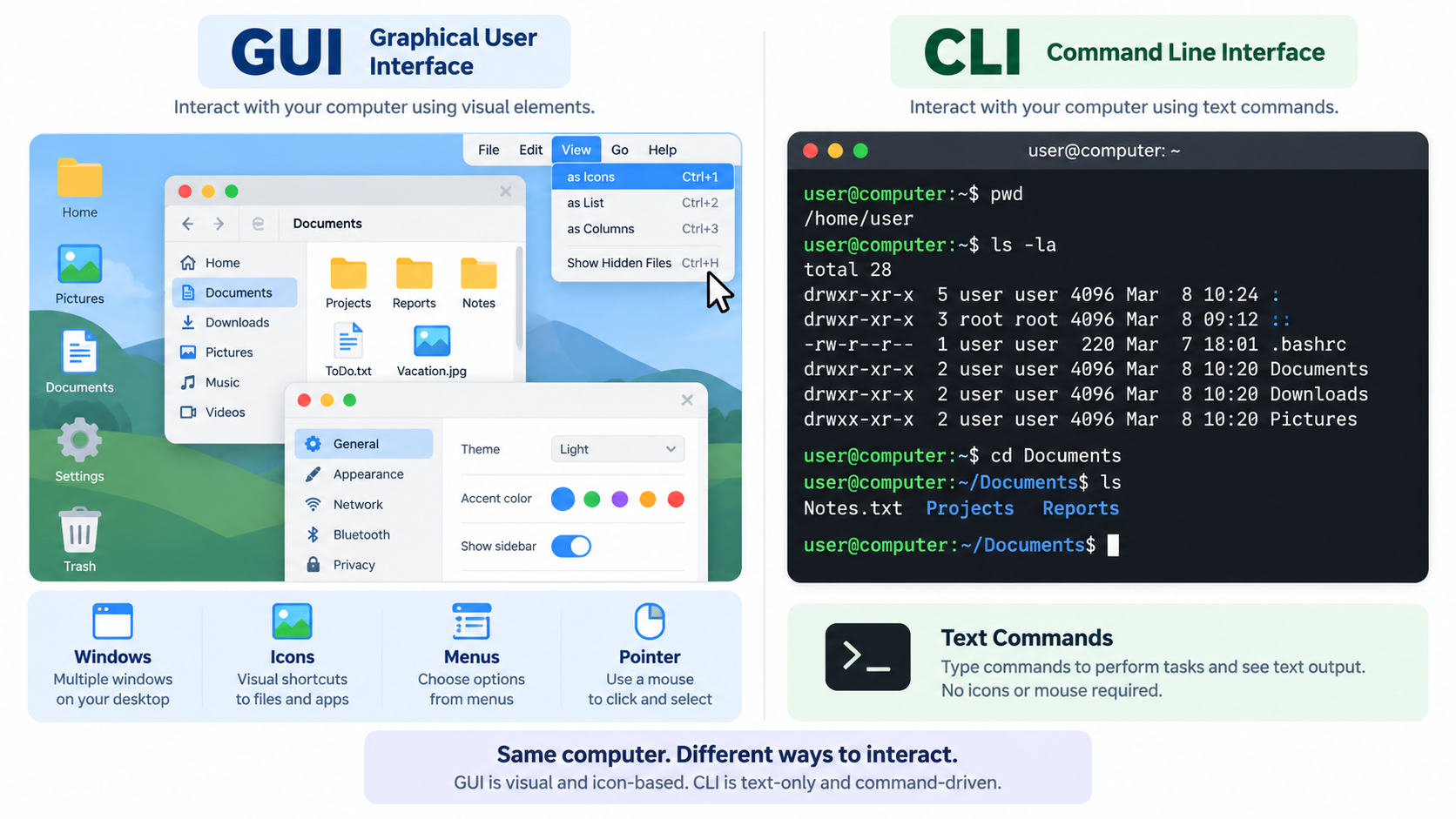 Comparison of Graphical User Interface with windows/icons and Command Line Interface with text commands.